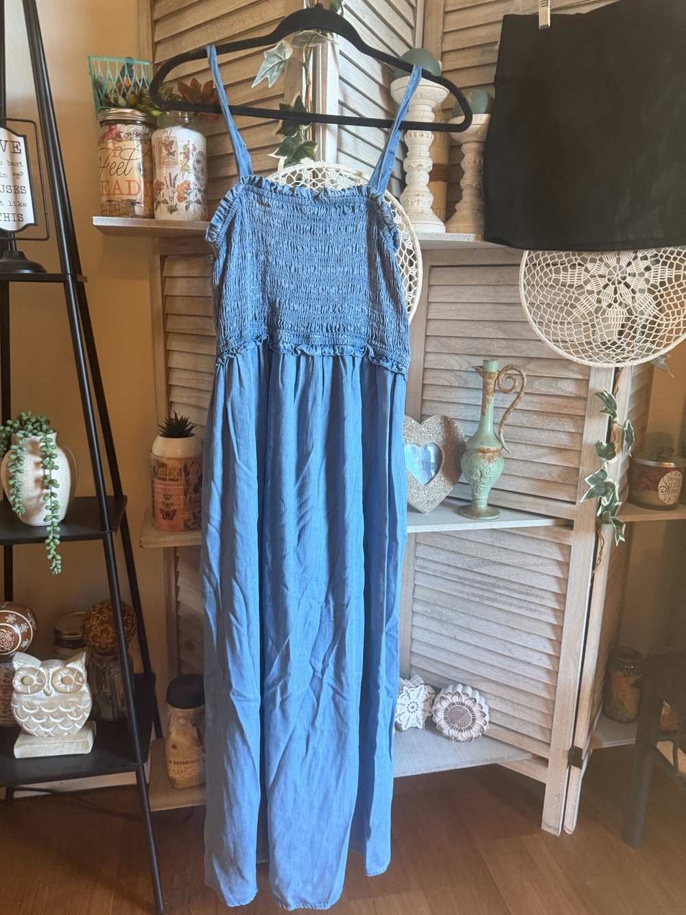 Smocked Bodice Blue Maxi Dress - Women